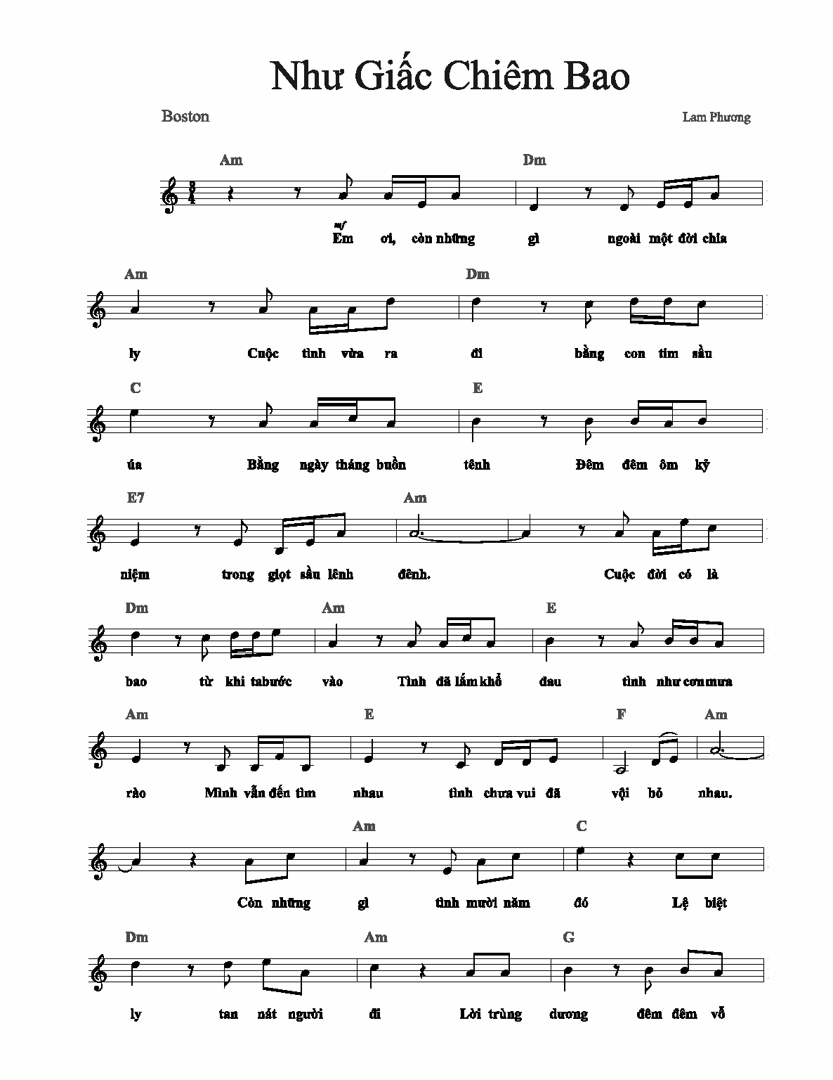 Sheet nhạc bài hát Như Giấc Chiêm Bao